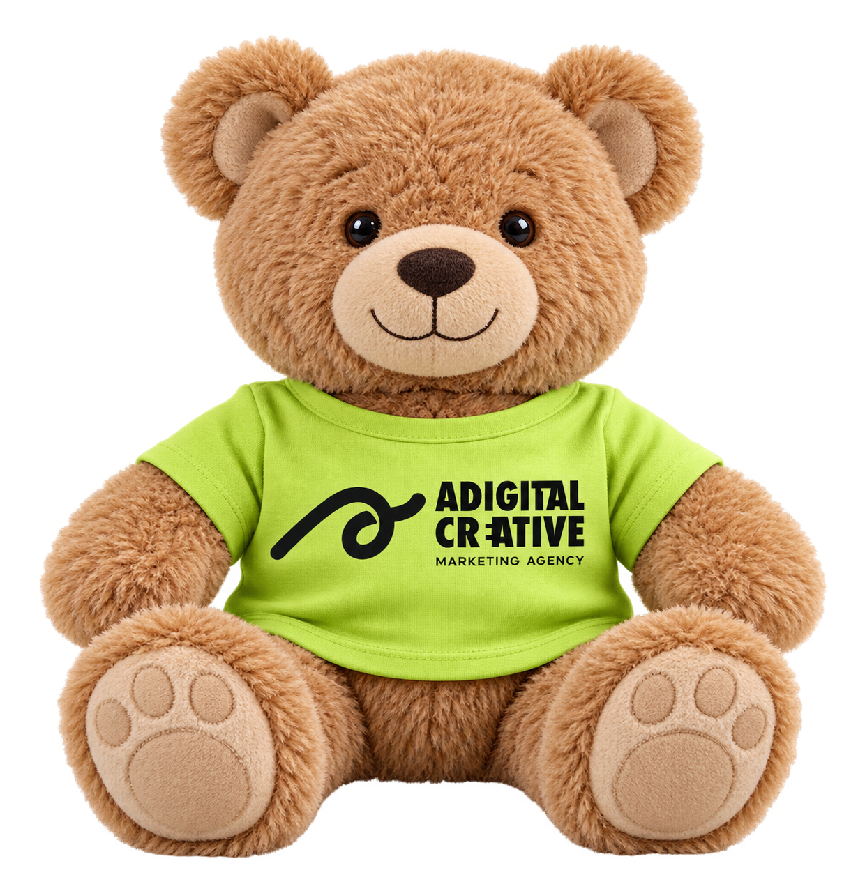 A plush teddy bear wearing an Adigital Creative shirt