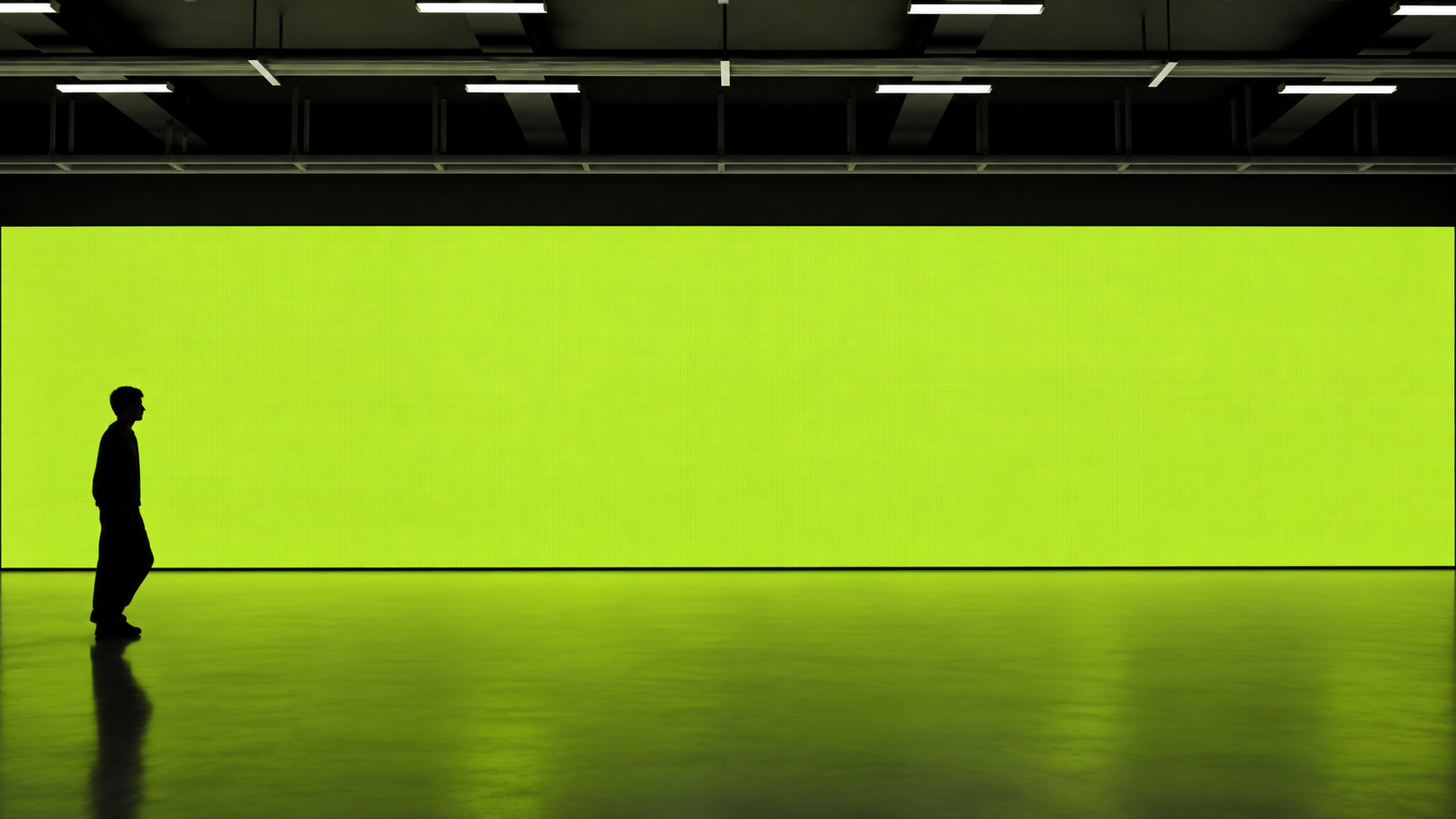 A visitor looking at a large lime digital screen in a dark gallery