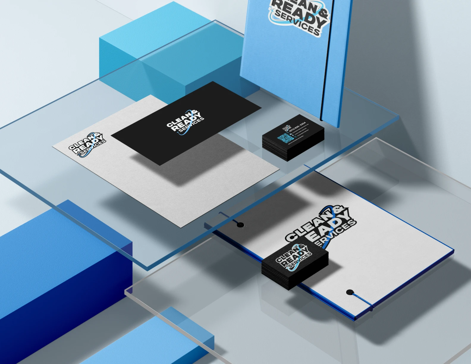 Clean & Ready branded stationery presentation from the brand book