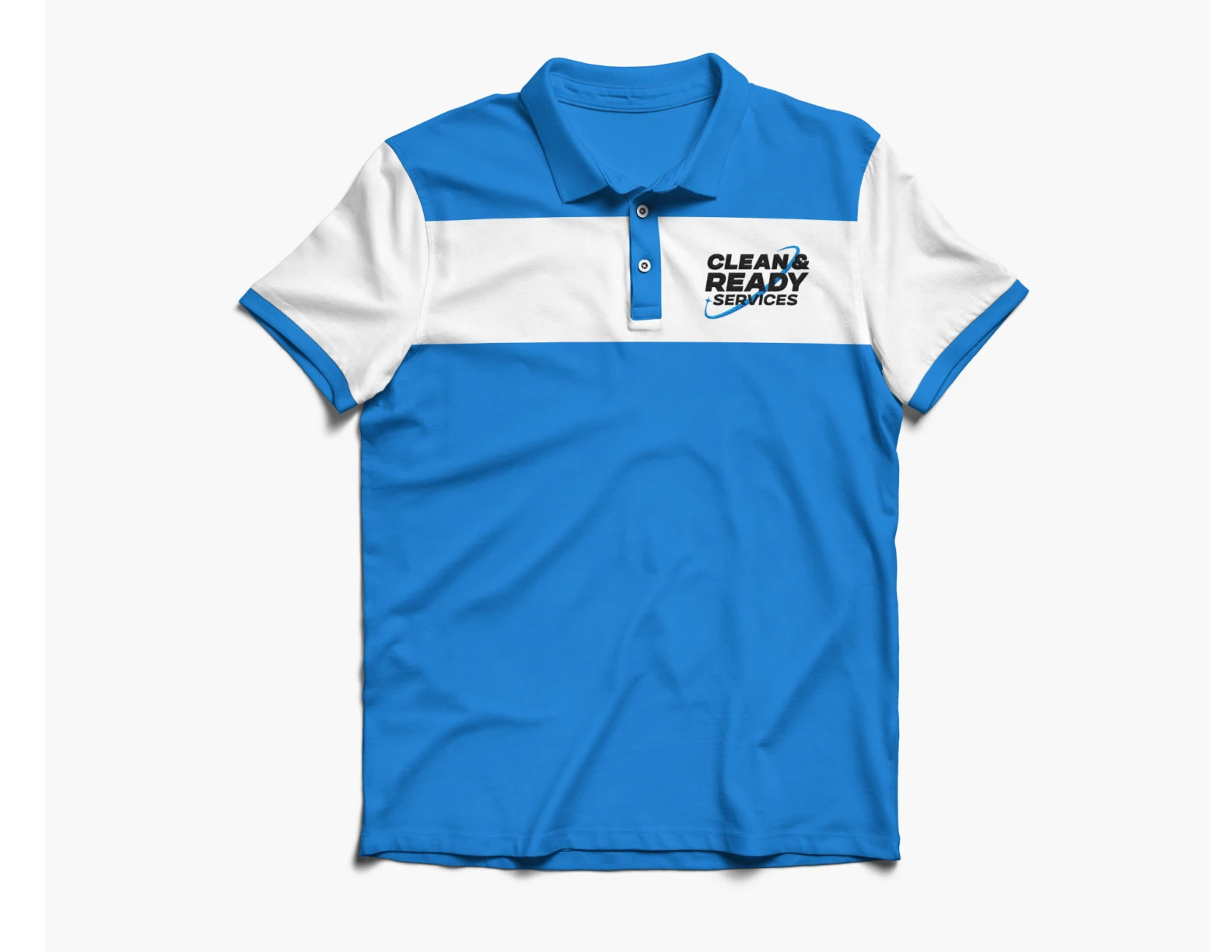 Blue and white Clean & Ready branded polo shirt mockup