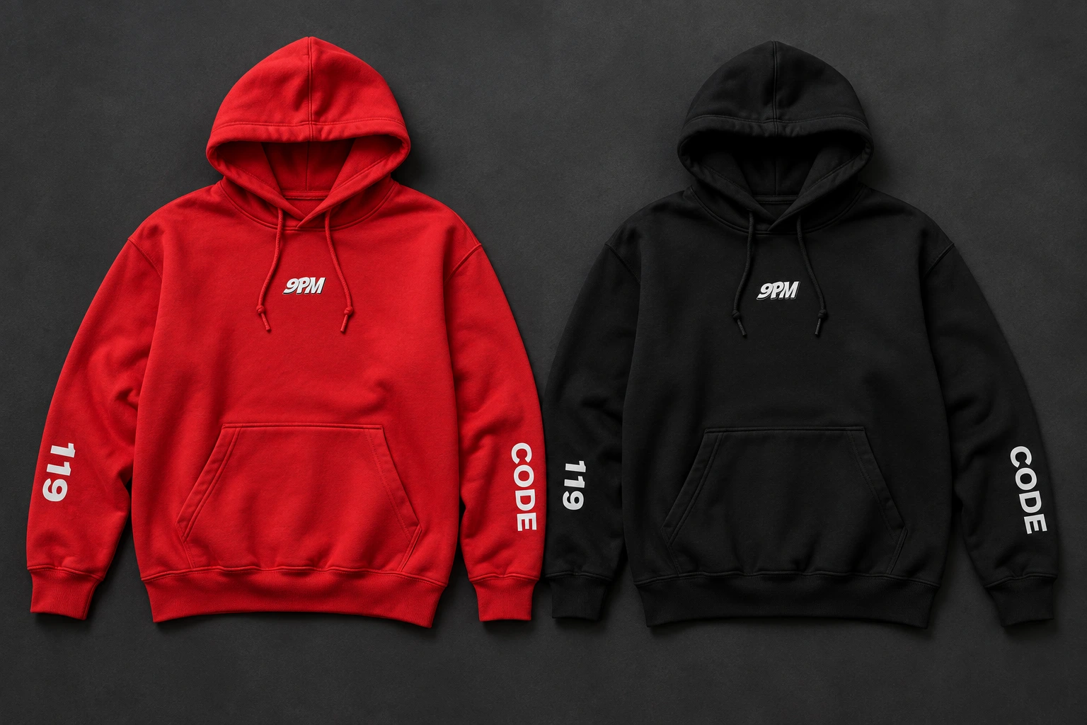 Concept mockup of red and black Code 119 hoodies with white chest marks and sleeve lettering
