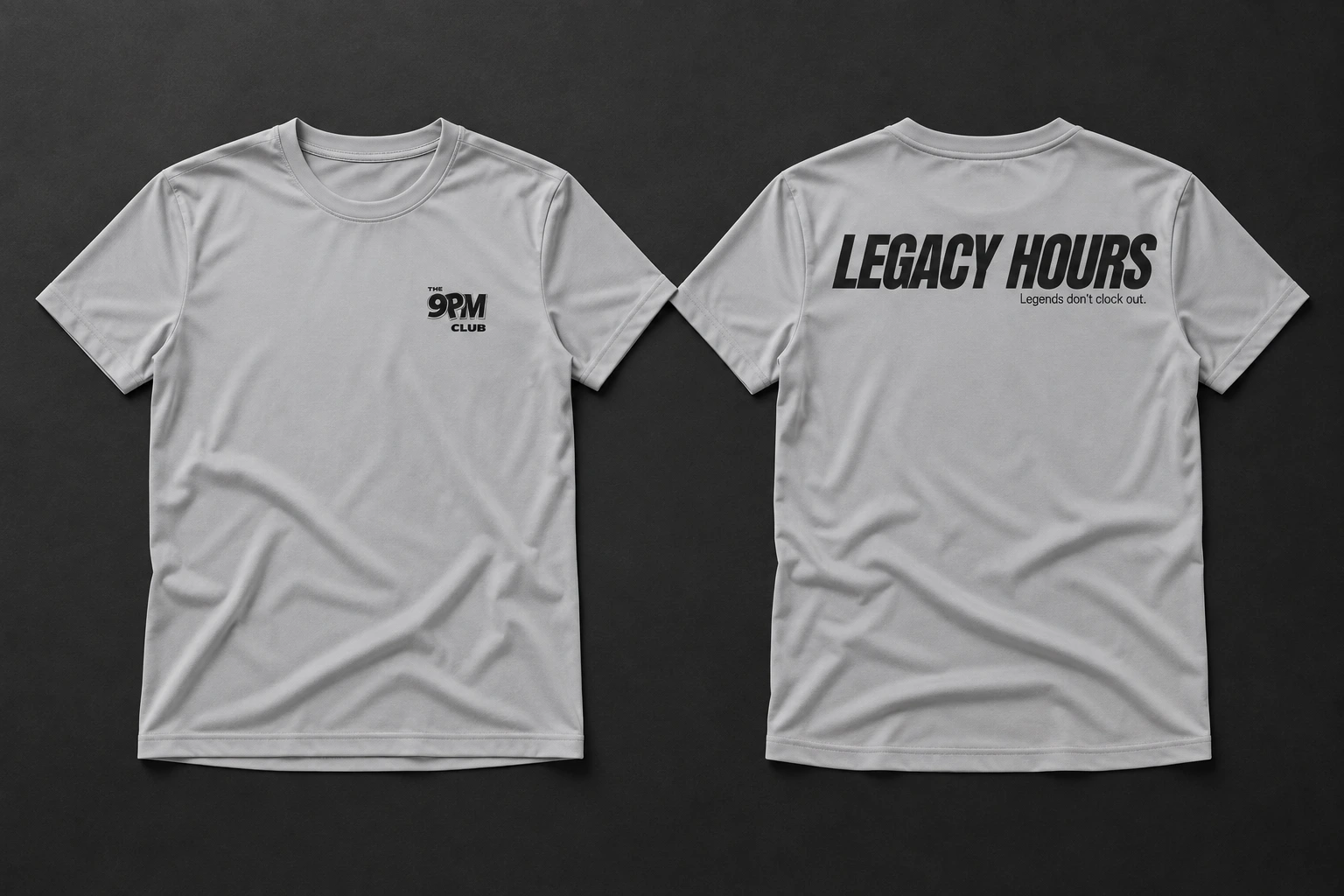 Concept mockup of the gray Legacy Hours shirt, showing its front logo and back message