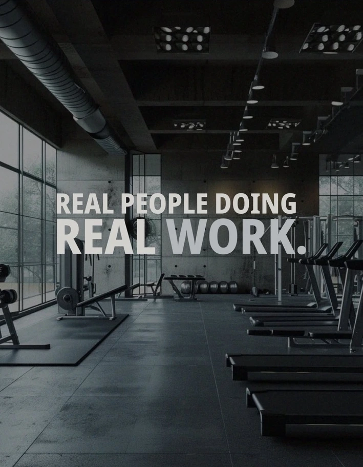 The 9 p.m. Club campaign reading Real people doing real work over a gym image