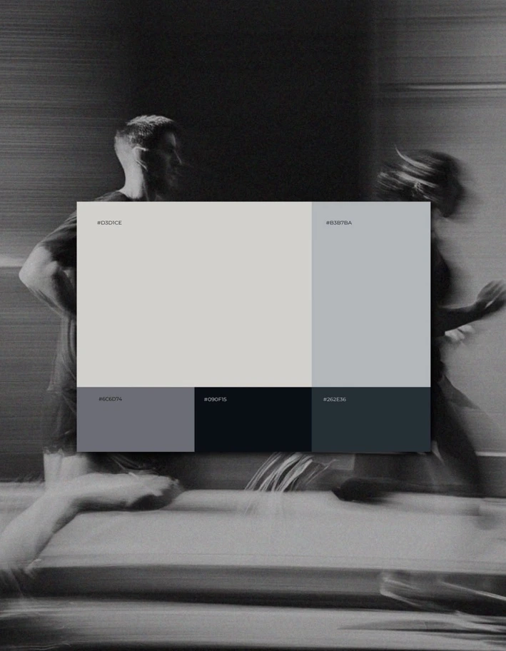 The 9 p.m. Club neutral brand palette over a monochrome running image