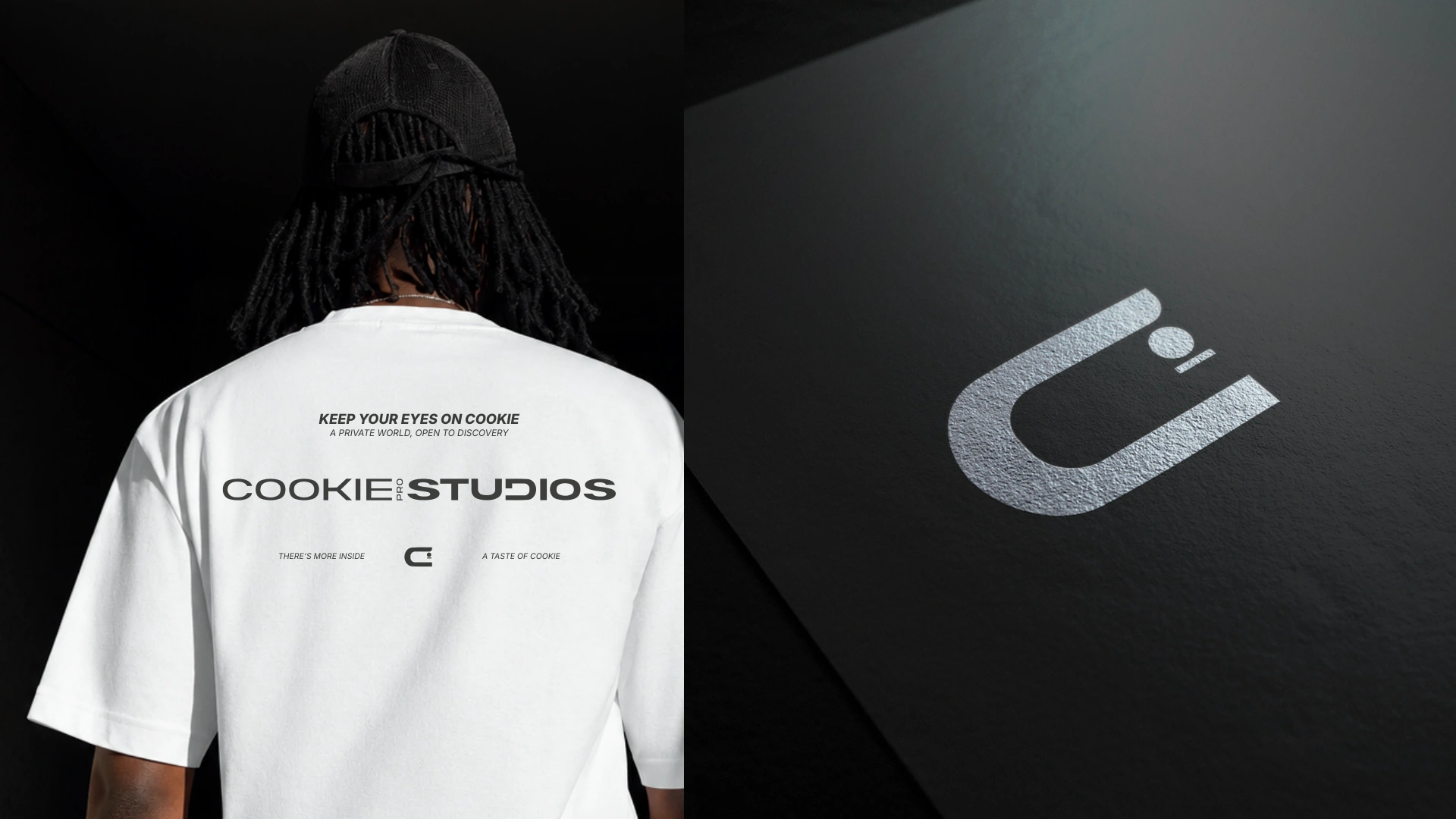 Cookie Pro Studios apparel and silver symbol mockups from the brand guidelines