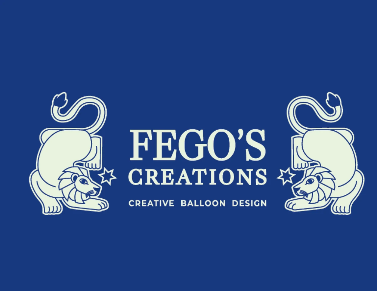 Original Fego’s Creations logo with two heraldic lions on a navy background