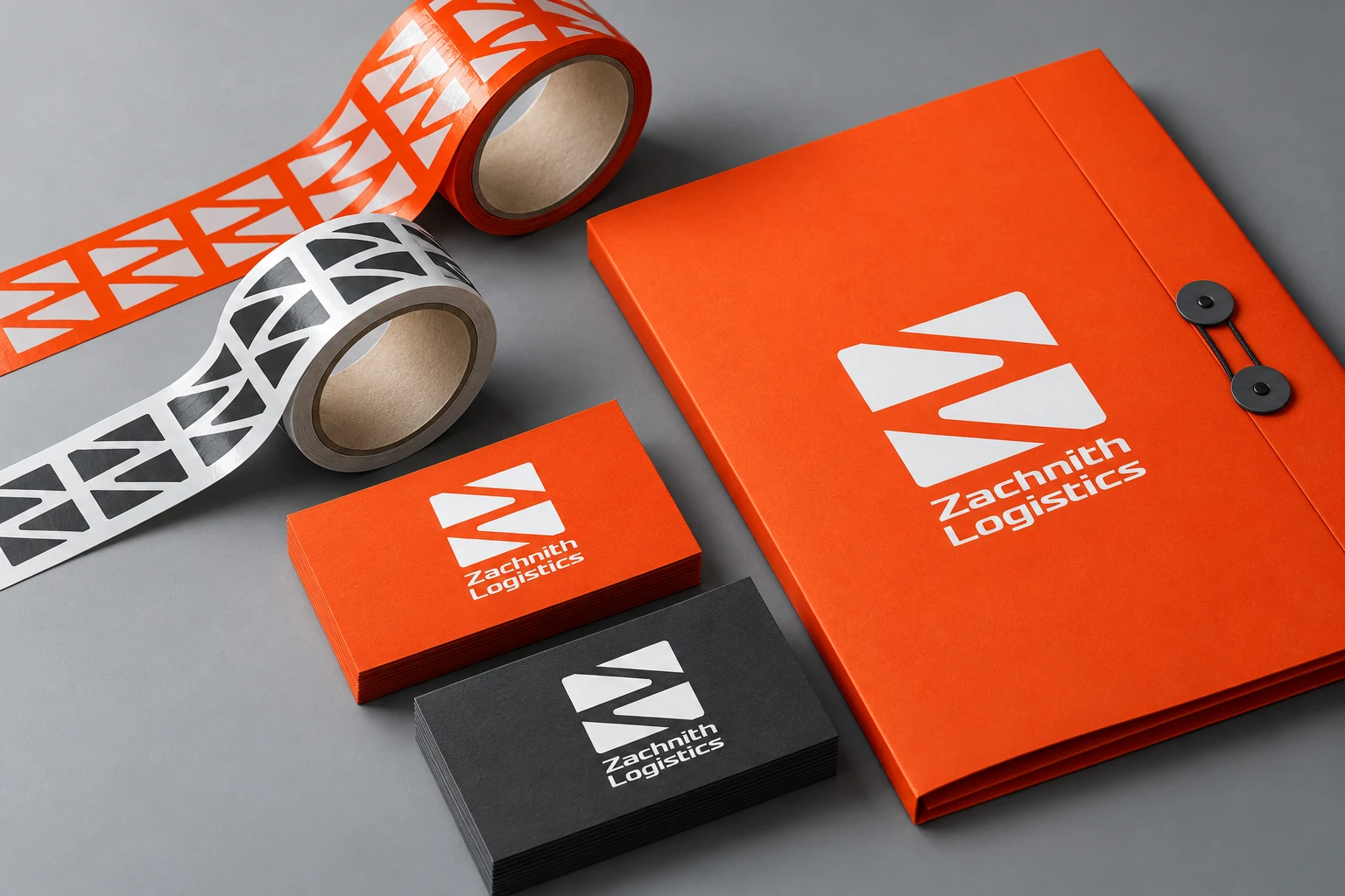 Concept mockup of Zachnith Logistics business cards, shipping folder, and branded packaging tape